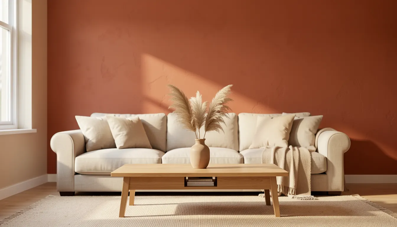 Salon lumineux aux murs terracotta et beige chaud avec canapé lin et table basse chêne