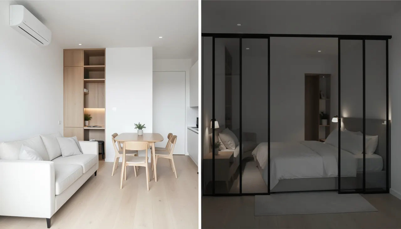 Studio modulaire 2026 : canapé convertible ouvert, table rallongée, cloison claustra coulissante