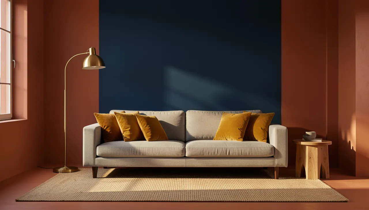 Salon avec mur d'accent bleu minuit et murs terracotta