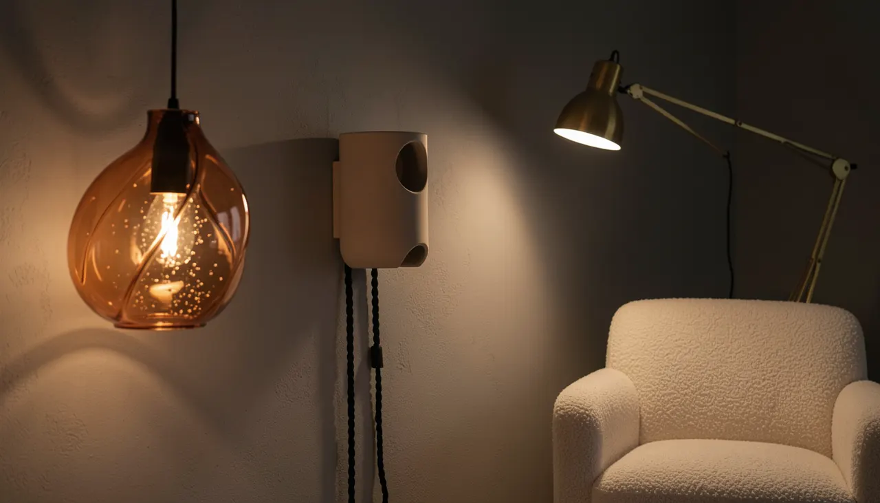 Suspension verre soufflé asymétrique, applique céramique mate, lampadaire laiton articulé allumés 2700K