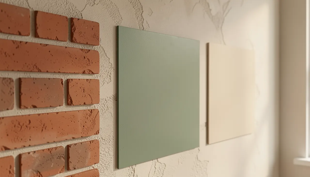 Nuancier mural terracotta vert sauge beige lin dans un salon