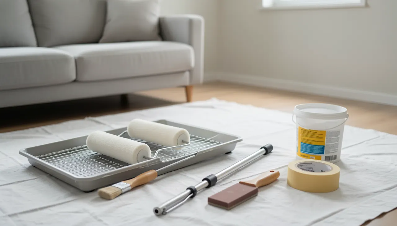 Outils peinture rouleau bac protection sol chantier propre
