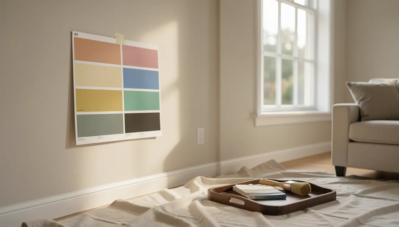 Échantillon peinture testé sur grand carton au mur