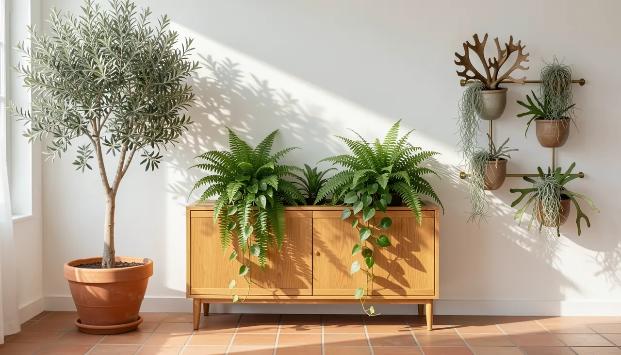 Intérieur 2026 végétalisé : olivier pot terre cuite, fougères étagères, jardinière intégrée menuiserie