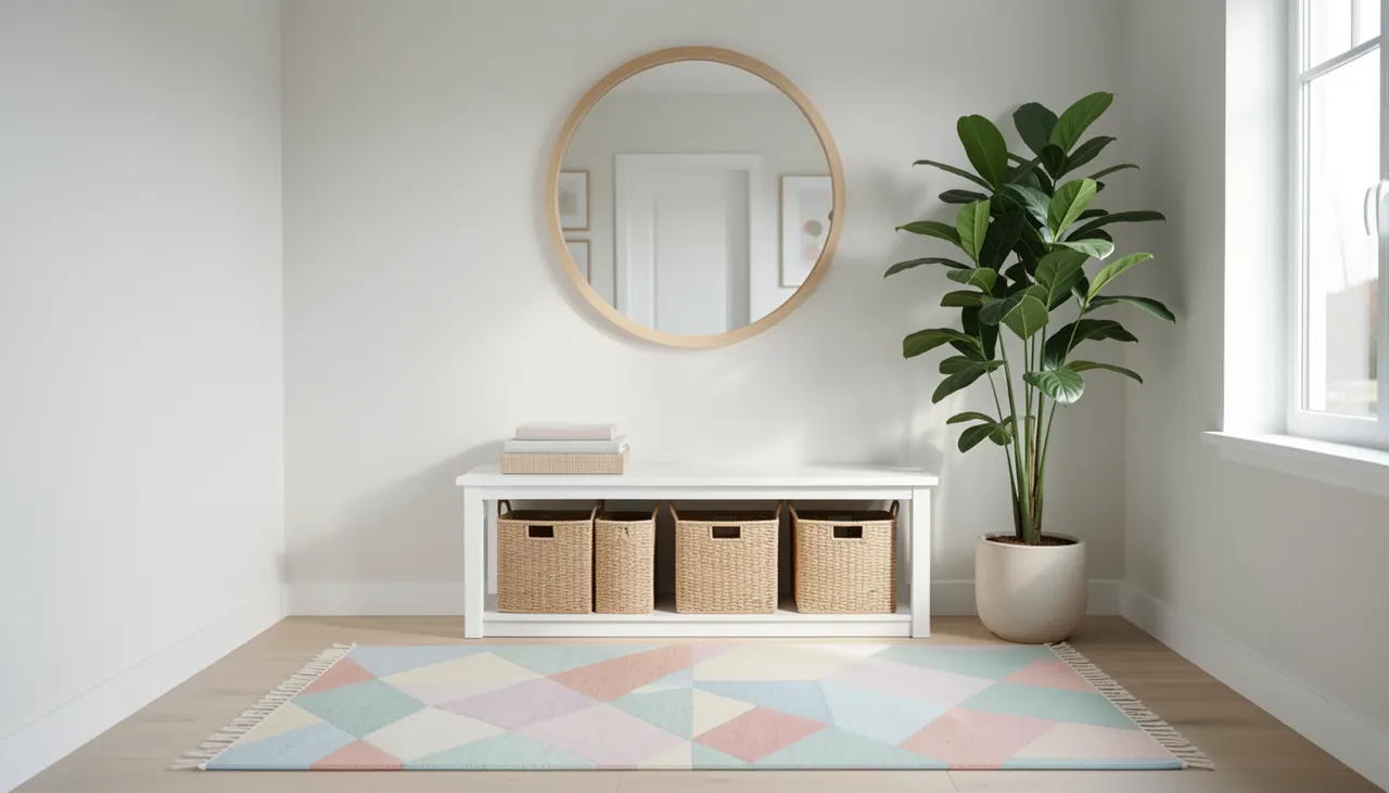 Entrée décorée style scandinave avec tapis géométrique, miroir rond, plante et banc