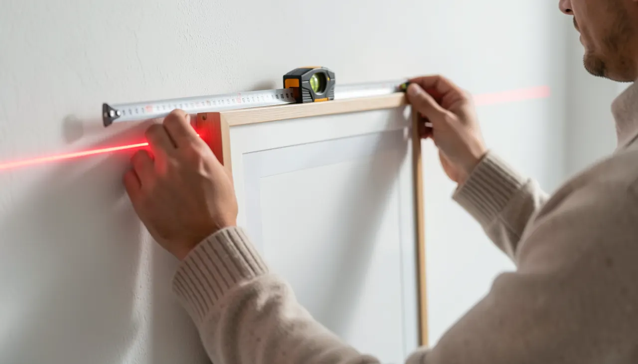 Personne accrochant une affiche d'art avec niveau laser et mètre ruban