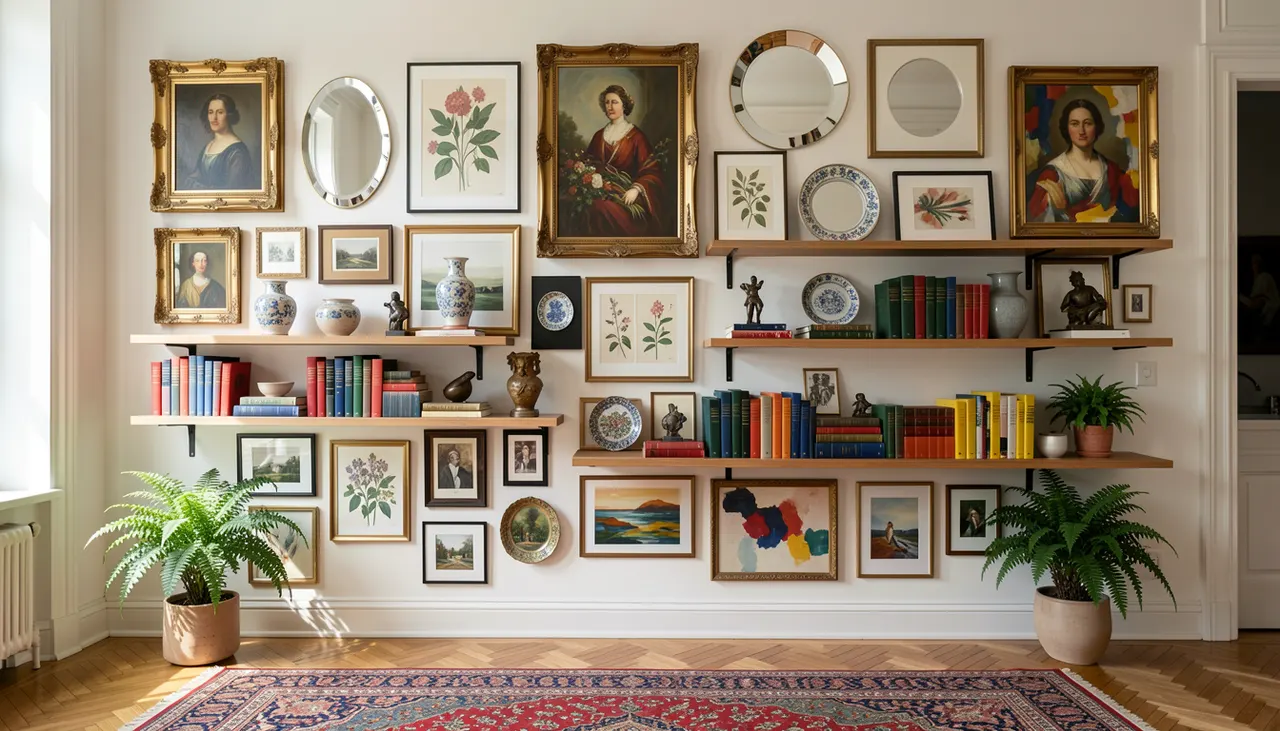 Mur de salon style maximaliste : galerie de cadres dorés et noirs, miroirs, tableaux huiles et photos, étagères chargées de livres colorés et objets céramique