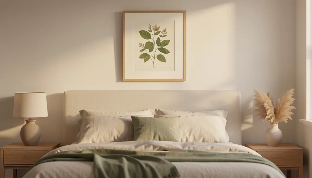 Affiche d'art botanique encadrée dans une chambre au-dessus de la tête de lit