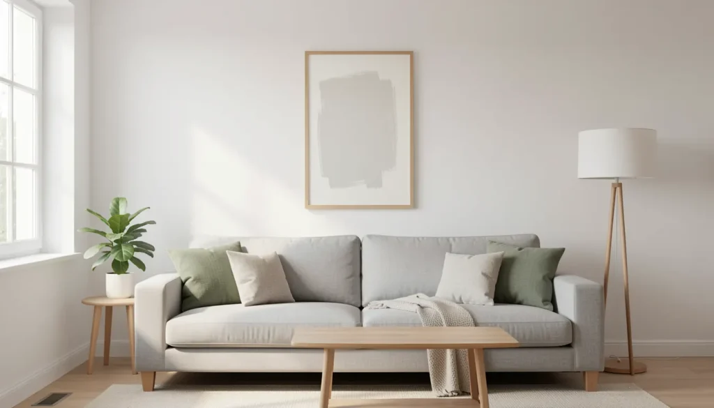 Affiche d'art encadrée accrochée au-dessus d'un canapé dans un salon lumineux