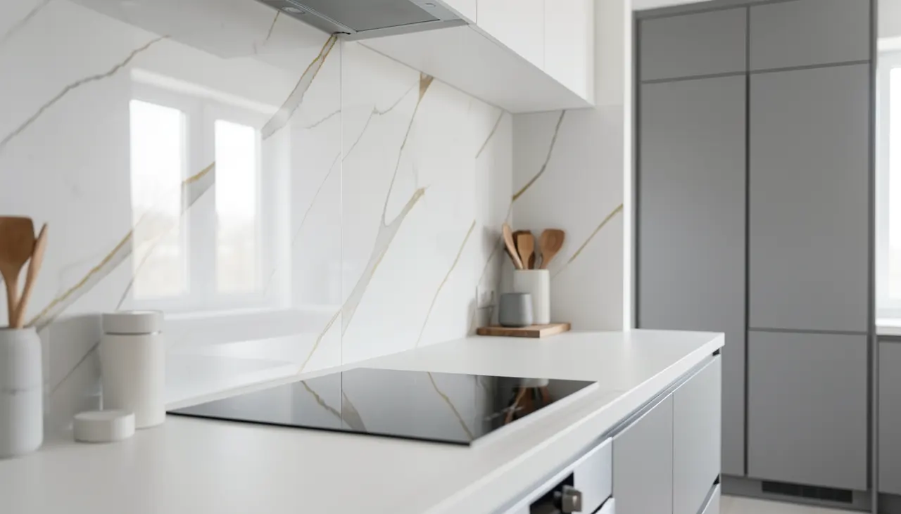 Cuisine rénovée avec crédence verre imprimé motif marbre sur ancien carrelage