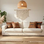 Salon bohème chic avec canapé en lin beige, tapis kilim, plantes suspendues et luminaires en rotin
