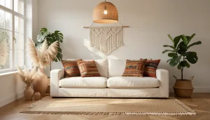 Salon bohème chic avec canapé en lin beige, tapis kilim, plantes suspendues et luminaires en rotin
