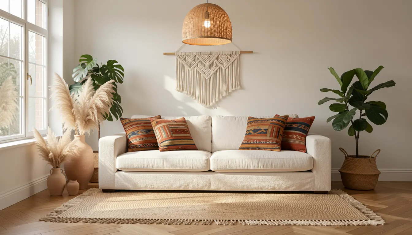 Salon bohème chic avec canapé en lin beige, tapis kilim, plantes suspendues et luminaires en rotin