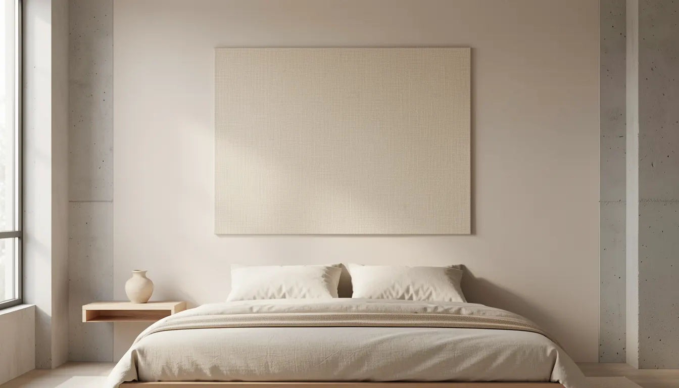 Chambre apaisante avec grande tenture murale en lin beige au-dessus du lit, lumière naturelle douce