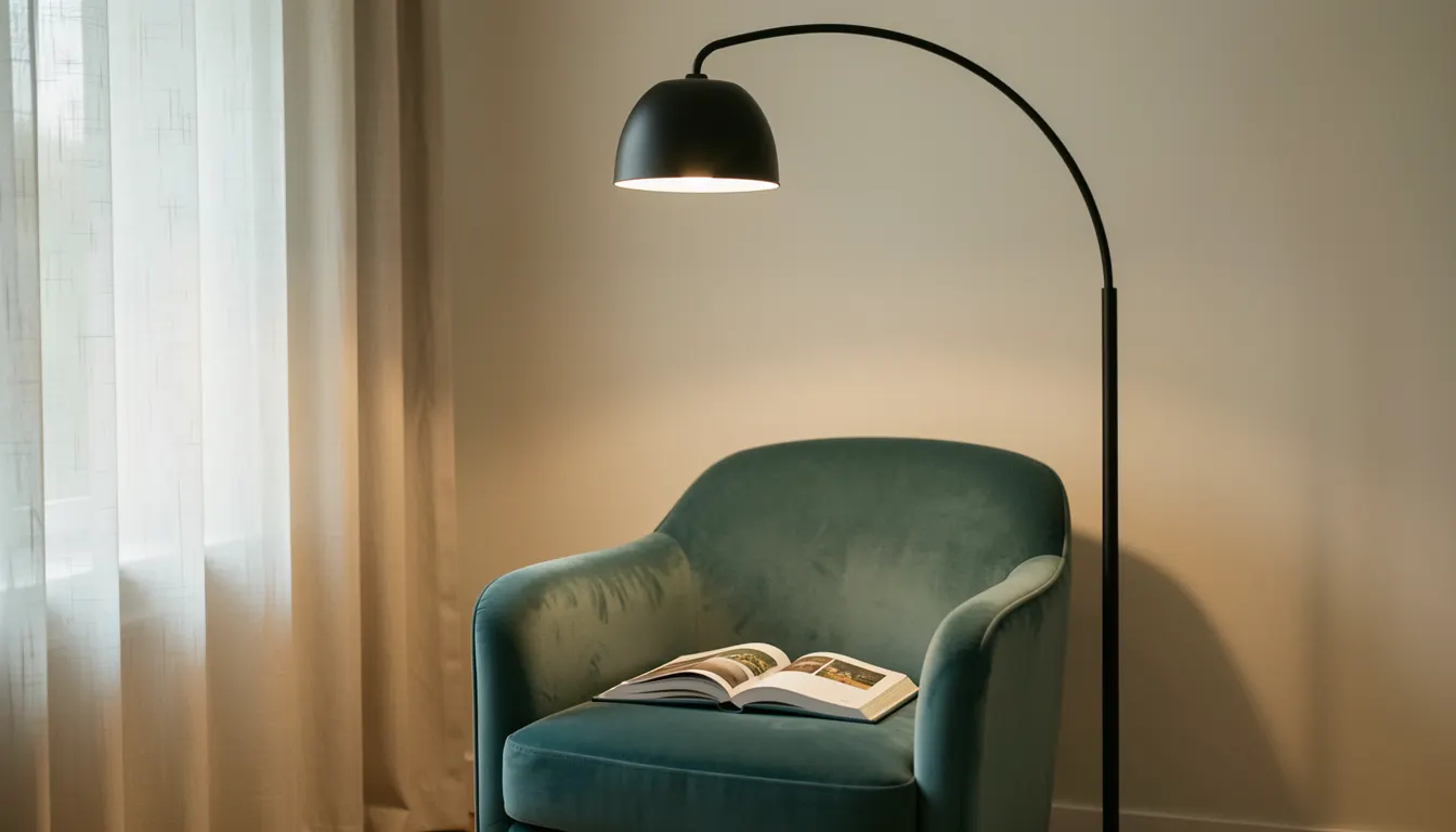 Coin lecture cosy avec lampe sur pied arquée éclairant un fauteuil en velours