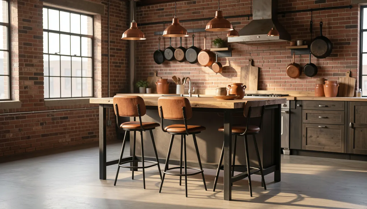 Cuisine style industriel avec îlot central bois métal et trois tabourets cuir cognac acier noir