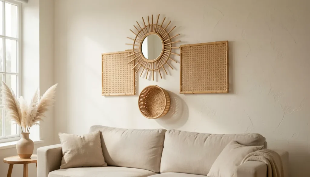 Composition murale en rotin avec miroirs soleil et panneaux tressés au-dessus d'un canapé en lin beige