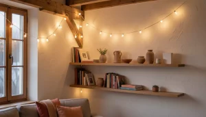 Salon cosy éclairé par une guirlande lumineuse à LED blanc chaud enroulée sur une poutre apparente et une étagère murale