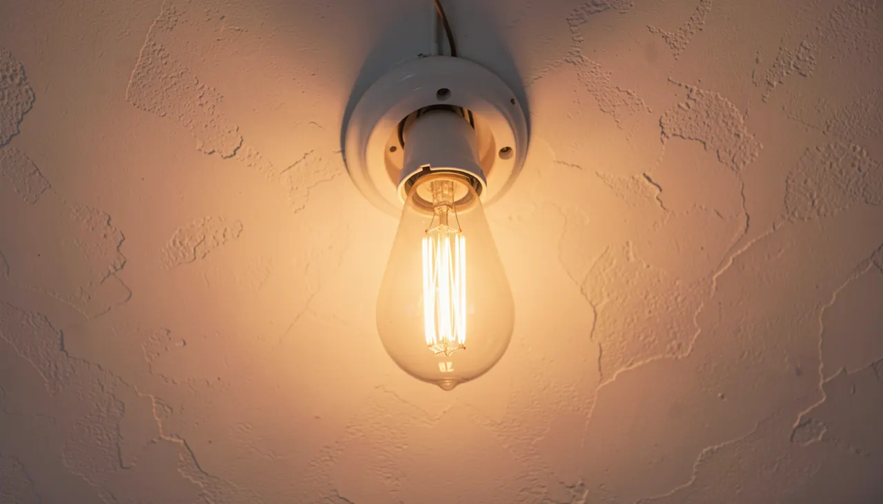 Ampoule filament vintage dans douille porcelaine murale allumée lumière chaude ambiance soirée