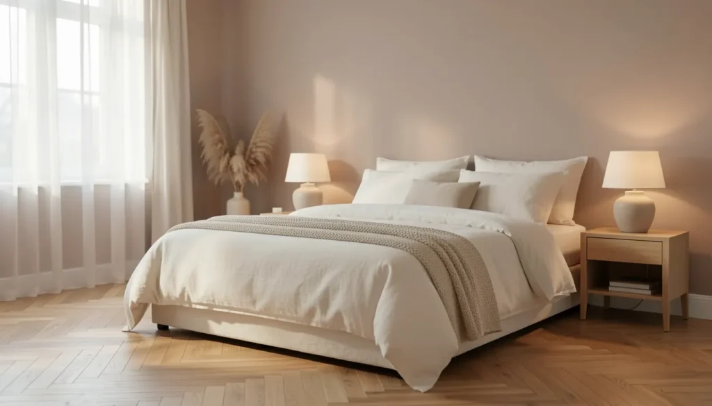 Suite parentale cocooning avec lit king size, linge de lit en lin lavé, éclairage doux et palette naturelle