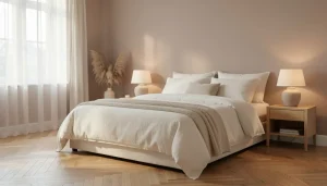 Suite parentale cocooning avec lit king size, linge de lit en lin lavé, éclairage doux et palette naturelle