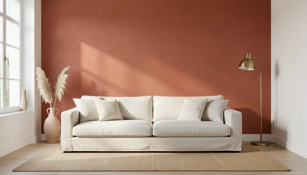 Salon lumineux avec un mur terracotta moyen, canapé lin naturel, tapis jute et luminaire laiton