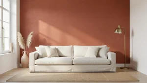 Salon lumineux avec un mur terracotta moyen, canapé lin naturel, tapis jute et luminaire laiton