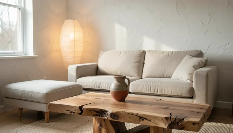 Salon wabi-sabi avec sofa bas en lin beige, table basse en bois brut fissuré, lampe en papier washi et poterie artisanale sur étagère en chêne clair