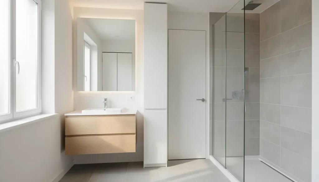 Petite salle de bain optimisée avec meuble vasque suspendu, grande glace et colonne de rangement