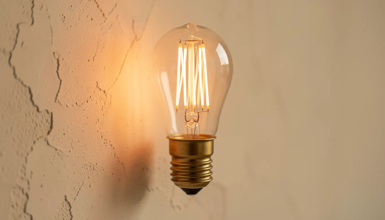 Ampoule LED à filament visible forme goutte ST64 allumée dans une douille en laiton brut sur fond de mur texturé beige