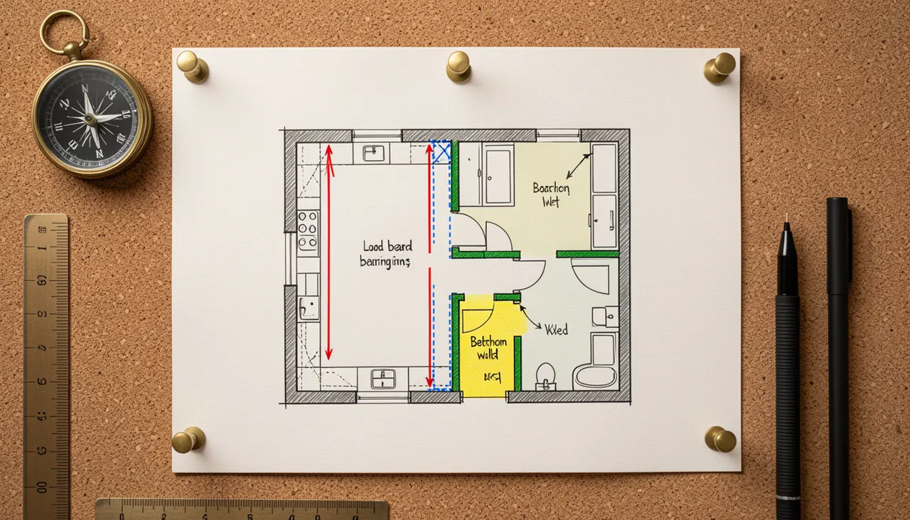 Plan technique annoté d'un studio avec flèches lumière, gaines techniques et zones porteuses