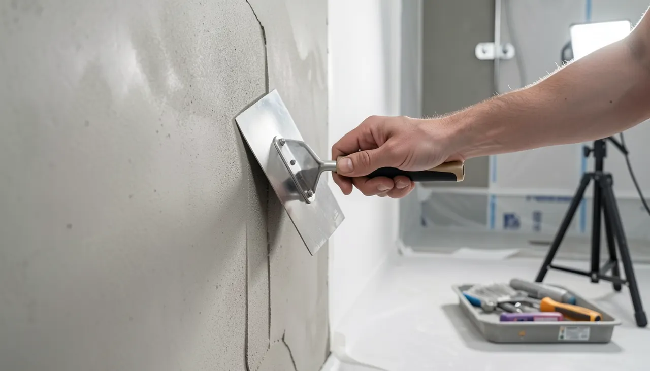 Artisan appliquant béton ciré lisseuse inox mur douche chantier propre