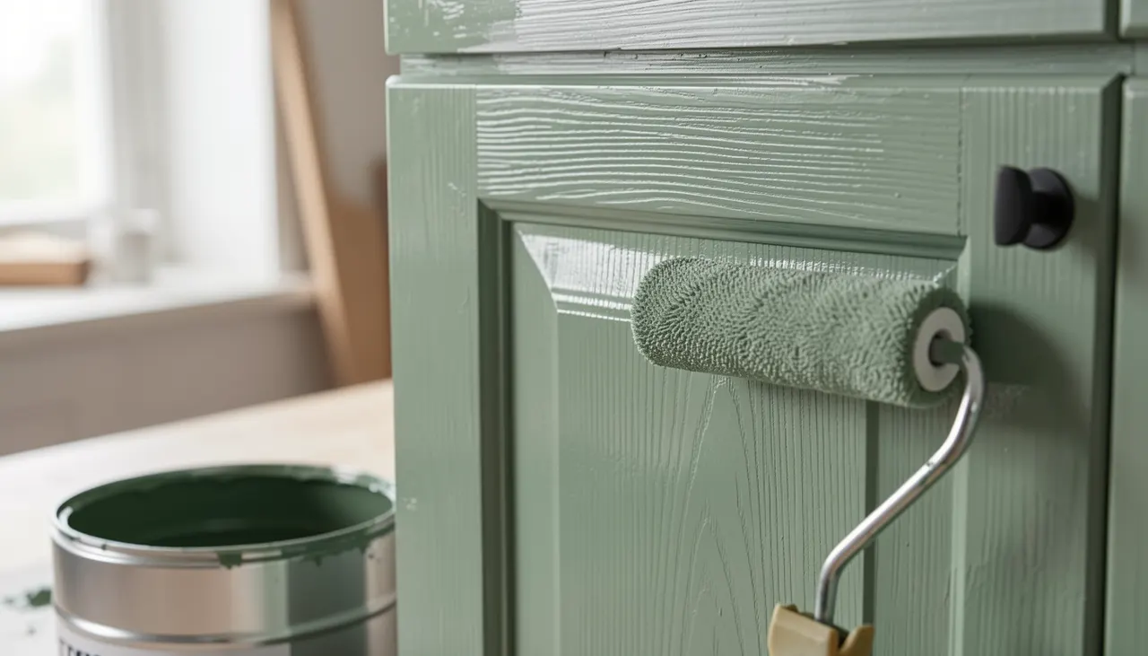 Gros plan sur une façade de meuble de cuisine en cours de peinture au rouleau microfibre, pot de peinture vert sauge ouvert à côté