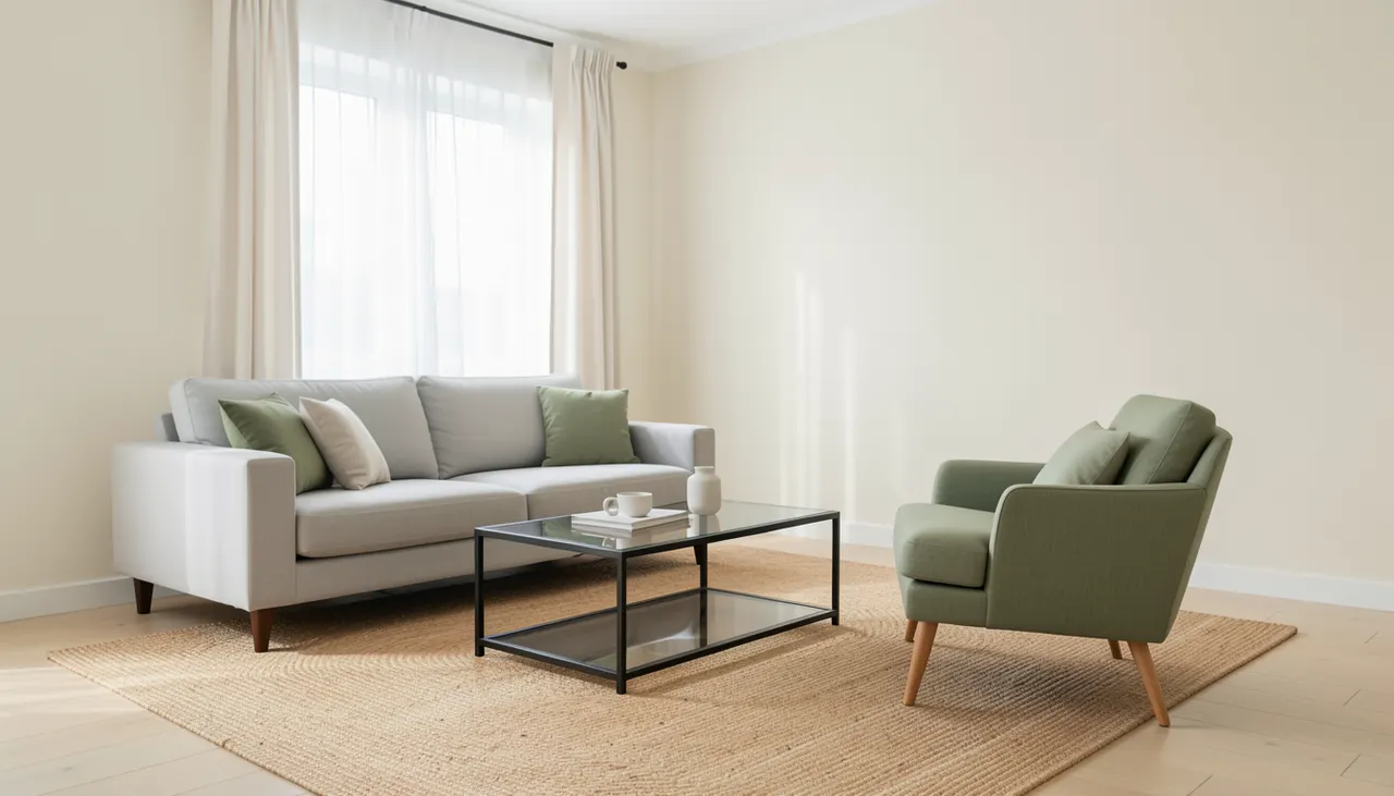 Salon avec canapé gris clair et fauteuil design vert sauge en lin, harmonie ton sur ton