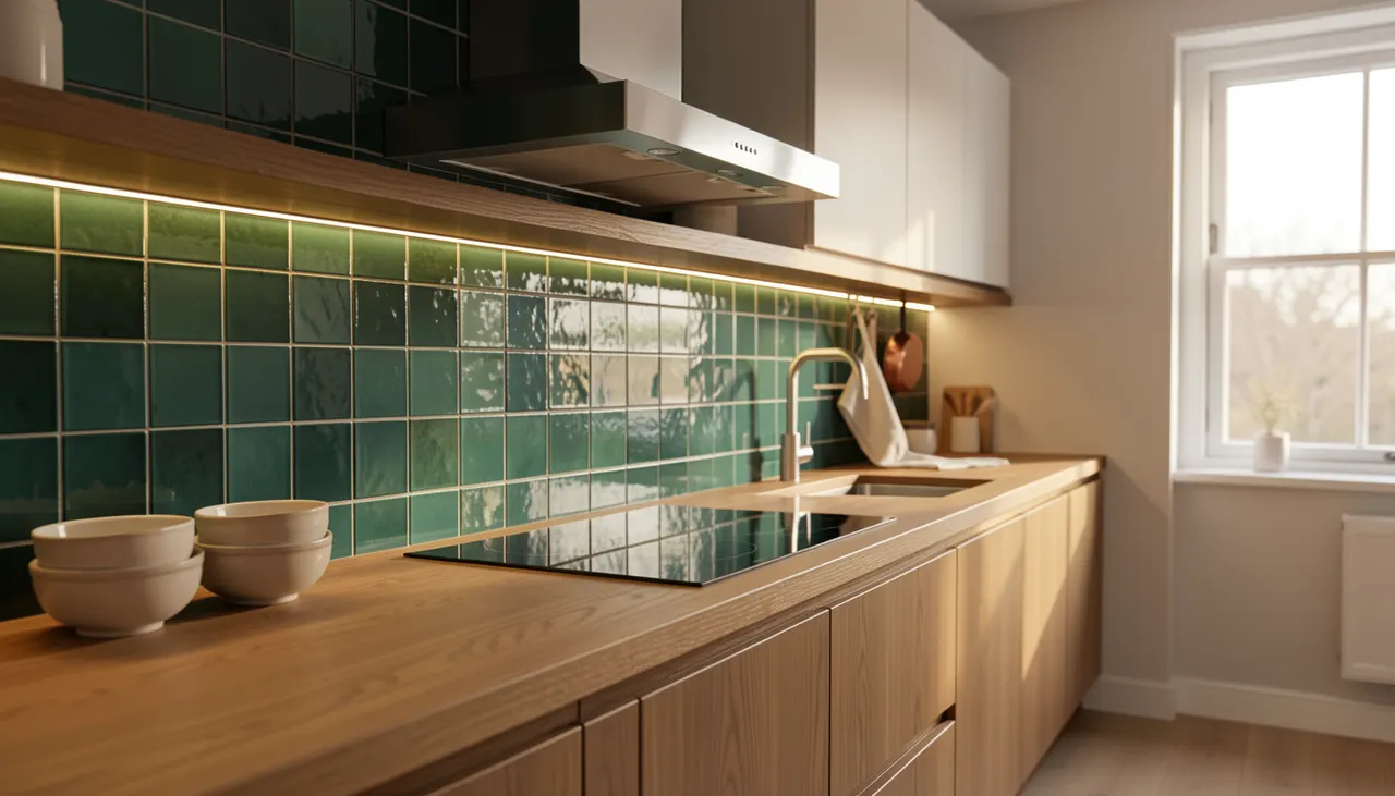 Cuisine ouverte crédence zellige bleu vert plan travail chêne massif hotte inox éclairage LED