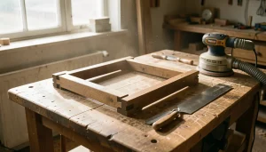 Établis d'ébéniste avec meuble ancien en cours de rénovation, outils à main et ponceuse excentrique