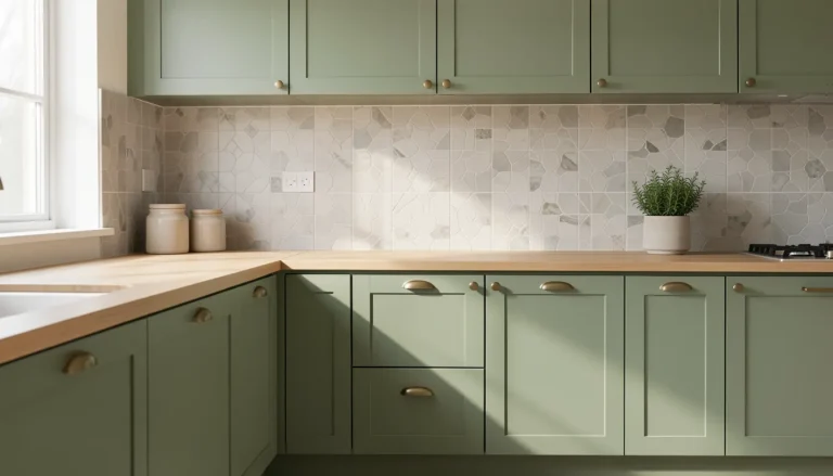 Cuisine rénovée sans travaux avec façades repeintes en vert sauge, crédence adhésive effet zellige et poignées laiton brossé