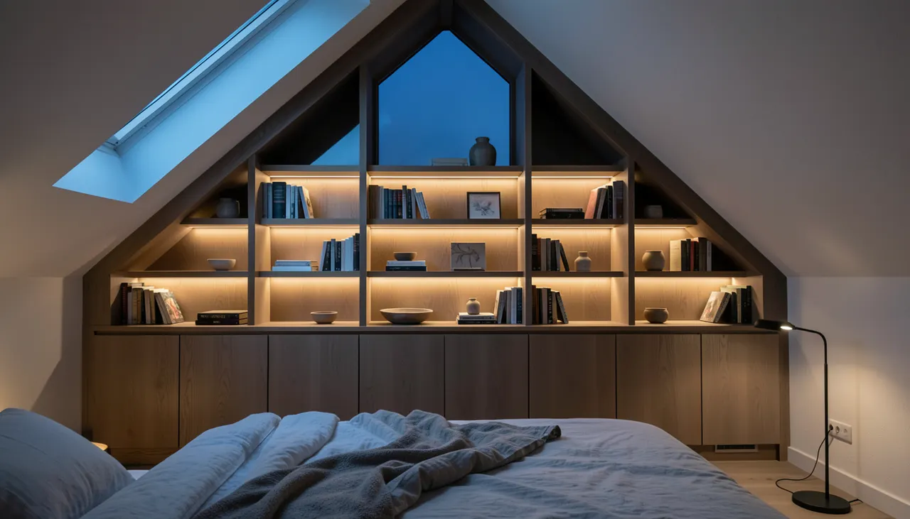 Bibliothèque sur mesure sous pente mansardée avec éclairage LED intégré