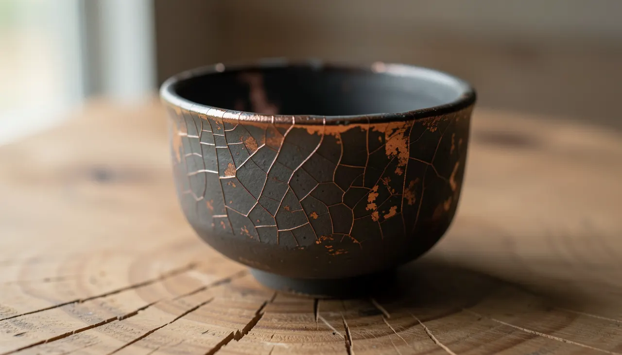 Gros plan sur un bol raku japonais aux bords irréguliers et émail craquelé posé sur une table en bois brut