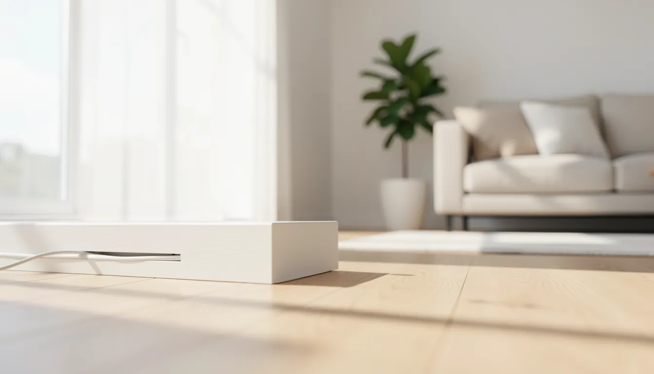 Salon moderne avec câbles dissimulés derrière une plinthe design