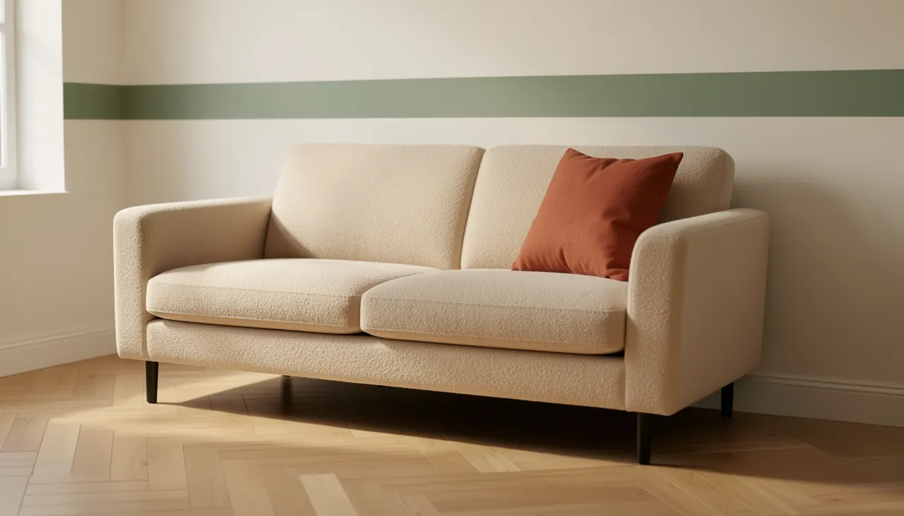 Canapé deux places compact en tissu bouclette beige placé dans un petit salon lumineux