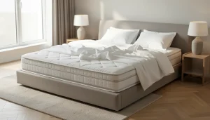 Canapé convertible ouvert en couchage quotidien dans un salon lumineux, matelas épais visible, lin froissé