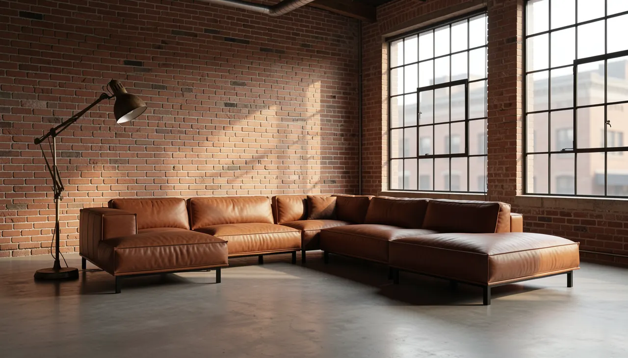 Salon style industriel avec canapé modulable cuir cognac pieds métal noir, mur brique, lampe articulée