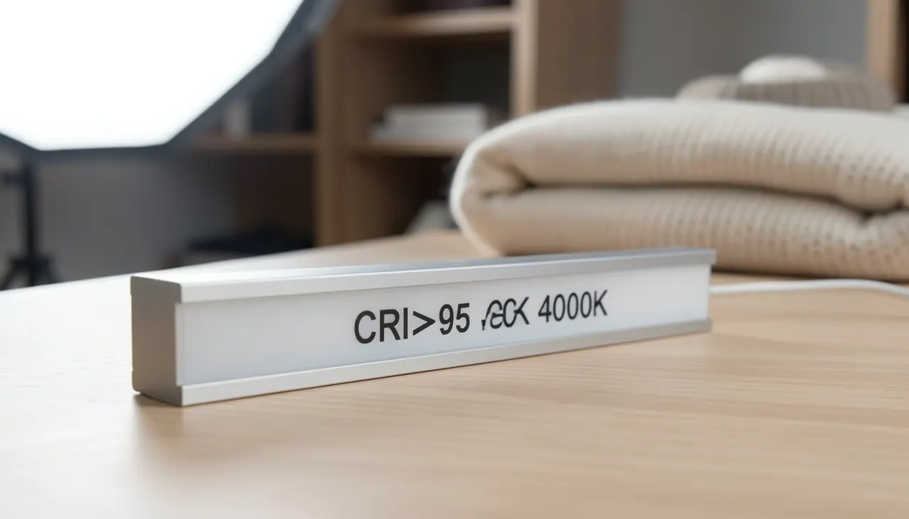 Gros plan sur une réglette LED professionnelle avec indication IRC 95 et 4000K