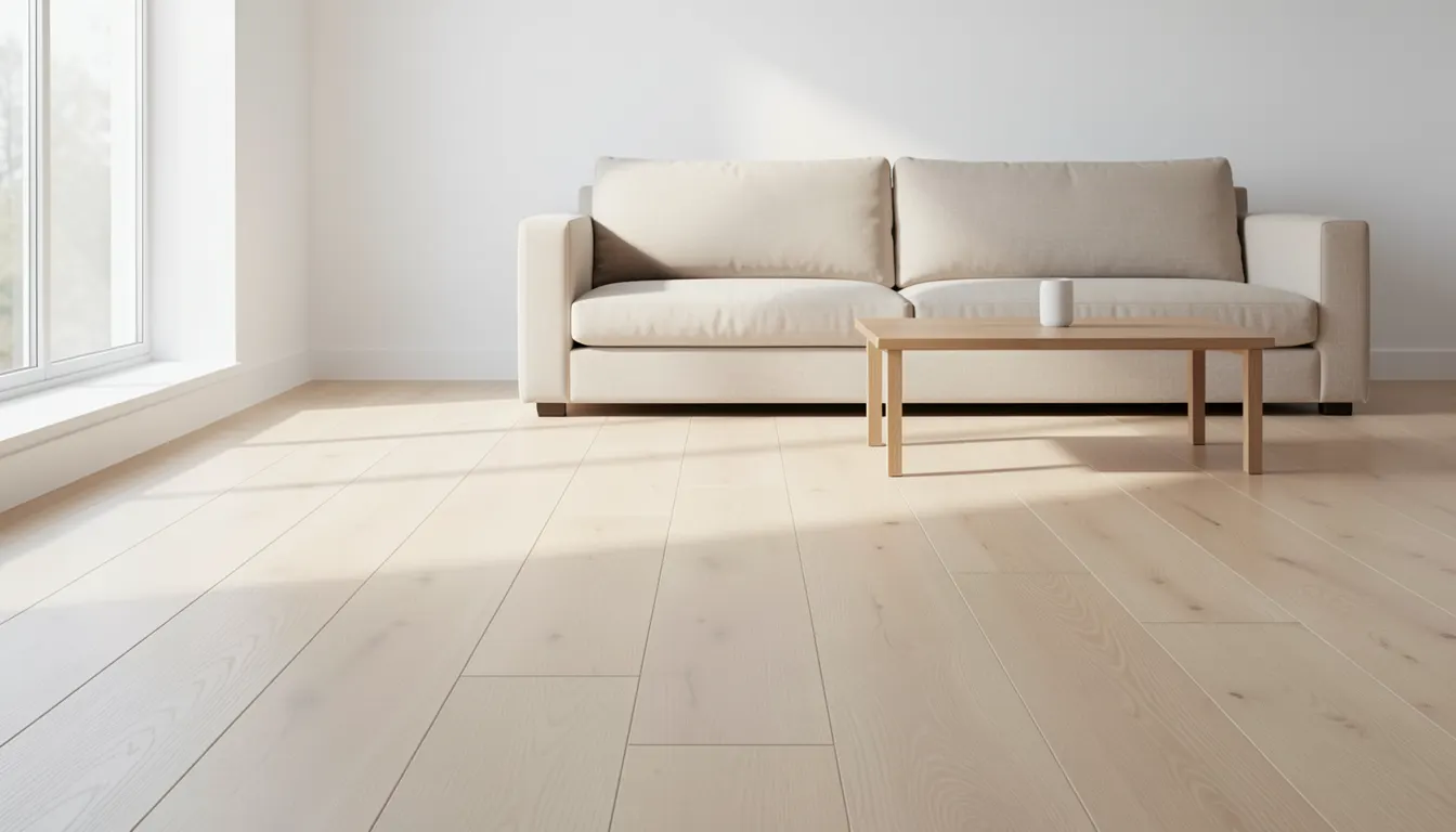 Grand salon lumineux avec carrelage imitation parquet chêne clair grand format posé en lame droite