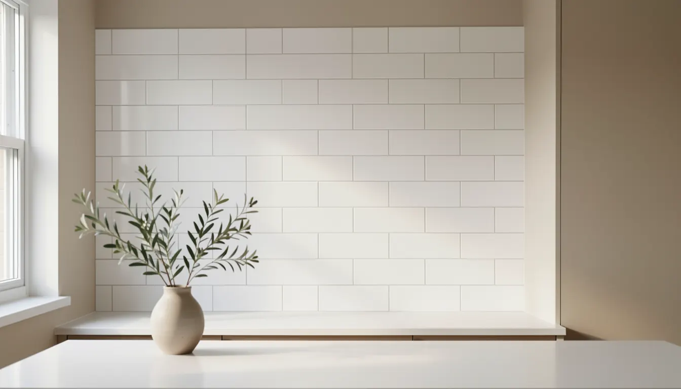 Mur de cuisine carrelé rénové à la peinture blanche mate avec crédence visible