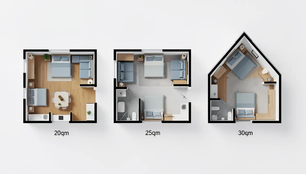 Vue 3D style plan d'architecte montrant trois variantes studio 20, 25, 30 m² meublés