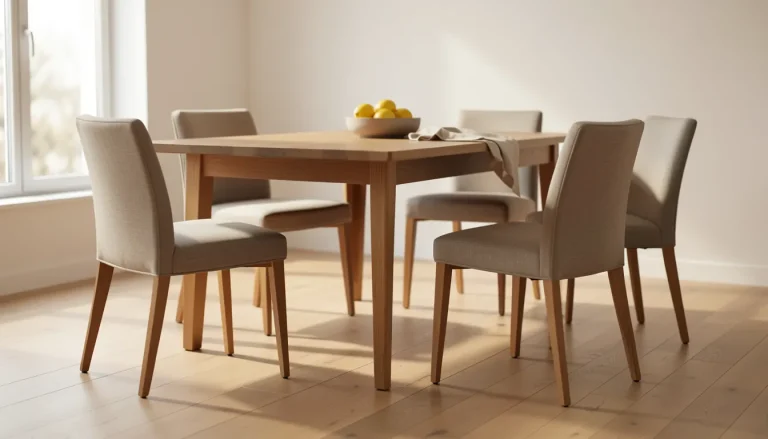Ensemble de chaises de salle à manger confortables autour d'une table en bois clair, lumière naturelle