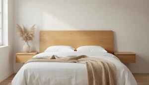 Tête de lit en chêne massif huilé dans une chambre épurée aux tons lin et beige