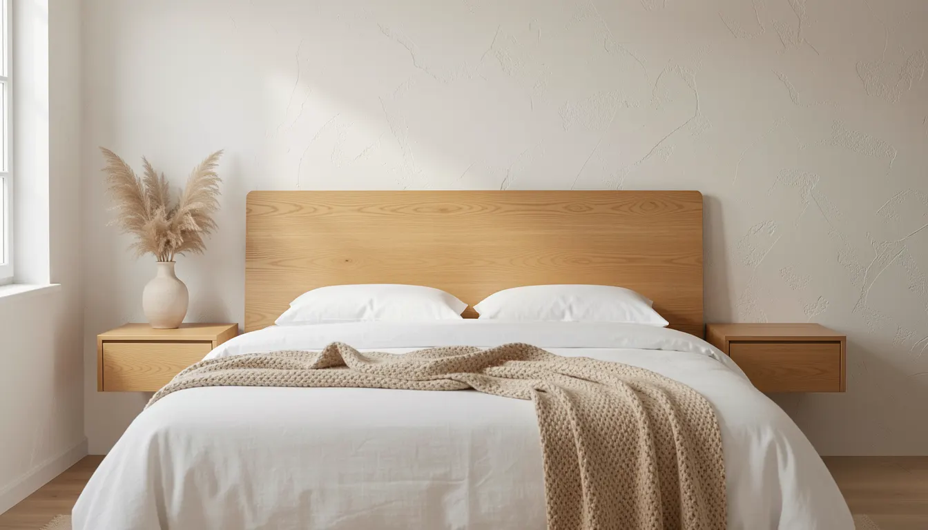Tête de lit en chêne massif huilé dans une chambre épurée aux tons lin et beige